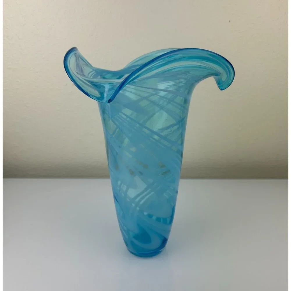 Blown Glass Art Fluted Aqua Blue & White Swirled Vase Home Decor 11.25
